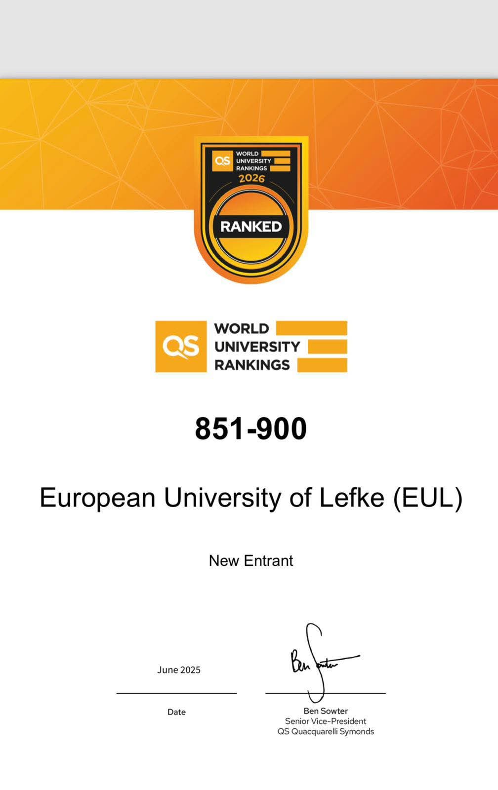 QS World University Rankings 2026 - European University of Lefke (EUL) Ranked 851-900