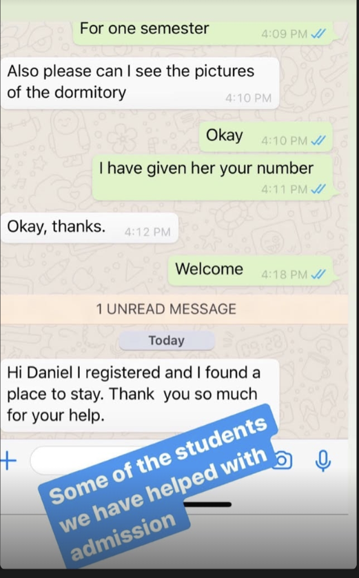 WhatsApp message from student confirming registration and accommodation with thanks to Daniel